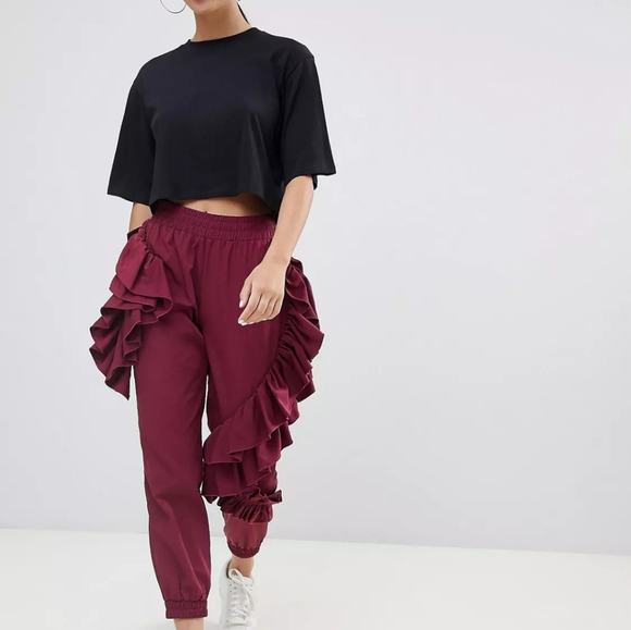ASOS Design Ruffle Sweatpants in Burgundy Women's Us Size 4 NWT - Picture 6 of 16